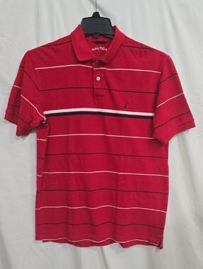 Nautica Men's Med Polo Shirt Red W/ White and Blue Stripes Logo
